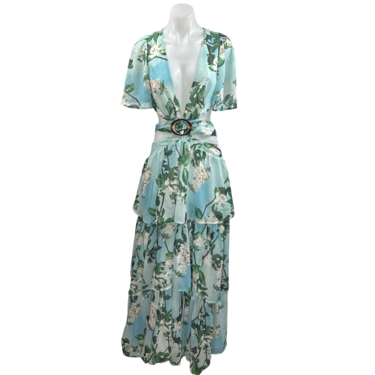 L'atiste By Amy Blooming Gardenia Green Floral Cutout Ruffle Maxi Maxi Dress L